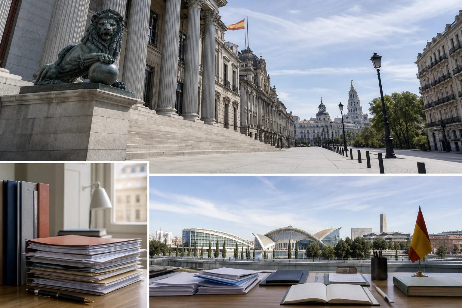 Mesa amplia de estudio con documentación y arquitectura española al fondo
